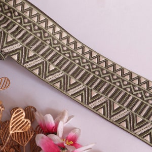 Pizzo con motivi marocchini verde e bianco sporco ricamato in filo, bordo decorativo Boho, pizzo per paralume artigianale per cucire fai da te tagliato su misura