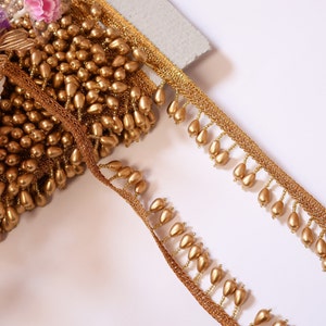 Matt Gold Rain Drop Suspended Beaded Trim, Lehenga Dupatta Lace, Upholstery Trim, Beaded Tassel Border Indian Wedding Dress Trim