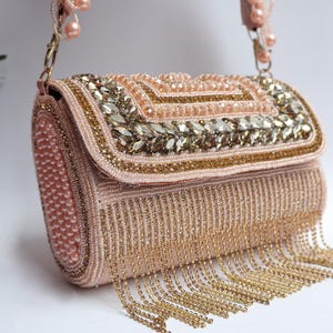 Élégant sac à main de mariée rose et or, sac à main fabriqué à la main avec cristaux de perles suspendus, pochette de mariage pour femme, meilleures idées cadeau pour elle