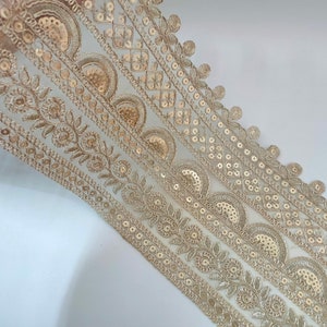 Creme Gold Antique Broad Sequin Embroidered Border, Cutwork Sari Border, Indian Wedding Dress Embellishments, DIY Sewing Crafting - 15cm