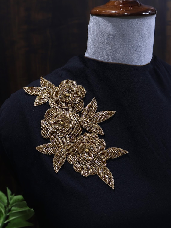 Golden Beadswork Floral Applique: Embroidered Indian Patch - Etsy Israel