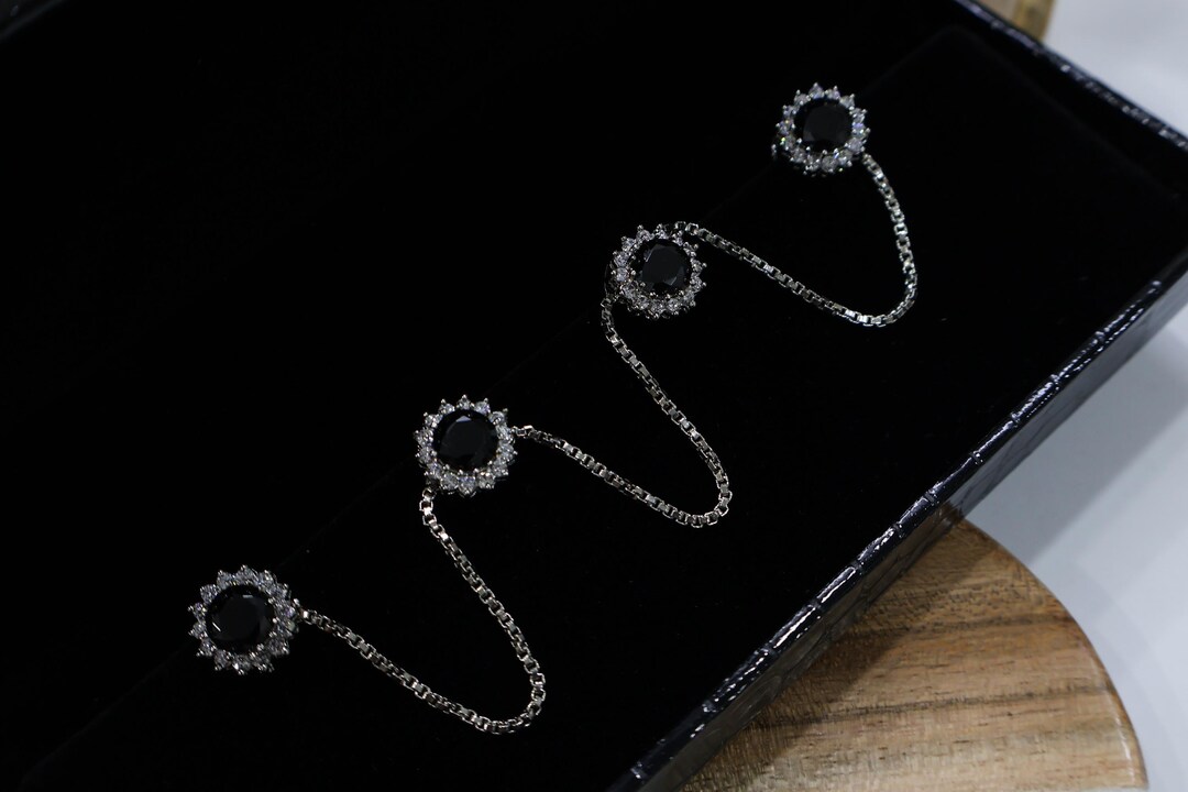 Black Stone & Silver Frame Crystal Buttons Set With Suspended Chain, AD ...