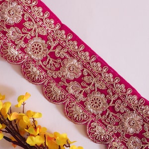 Magenta Pink Velvet Lace Border: Gold Zari Sari Trim, 8cm Wide