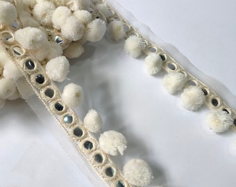 Precioso ribete de pompón suspendido blanco crema, adorno de decoración DIY encaje Dupatta, pantalla de lámpara para cortinas de tapicería de 2,5 cm de ancho