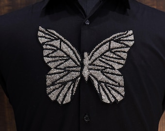 Embroidered Butterfly Patch: Metallic Black Silver Applique, Handmade Indian Design