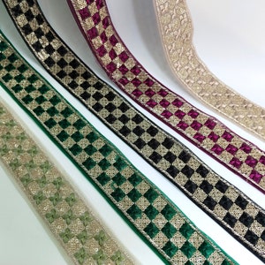 5 Farben- Net Threadwork Golden Pailletten bestickt Box Muster, indische Sari Border Trim, Verzierung Trim, Hochzeit Schärpe Versorgung, 3cm breit