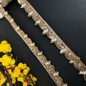 Bronze Gold Zardozi Lace: Pailletten & Gold bestickte indische Borte