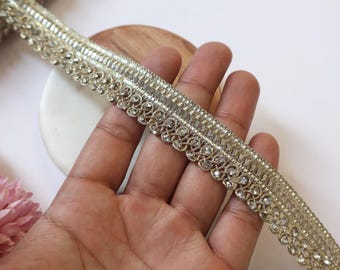 Gold Zircon Crystal Ribbon Trim: Indian Sari Border, 9 Yards