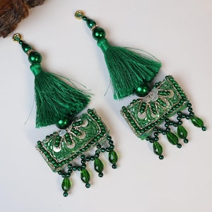 Emerald Green Tassel Latkan Pair: Beaded Sequin Lehenga Decor (15cm)