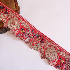 Red Floral Zari Embroidered Lace Trim, Cutwork Indian Sari Border, Wedding Dress Embellishments, DIY Decoration Lace 8cm Wide