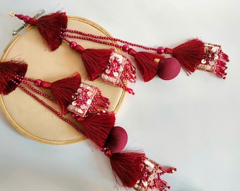 Maroon Red Color Crystal & Pearl Thread Latkan, Multi String Sequin Embellished Tieback, Indian Lehenga Sari Tassels - 1 Pair