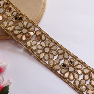 Antique Gold Floral Pattern Mirror Trim, Real Mirrors Sari Border, Wedding Dress Embellishments, Indian Dupatta Lace by Yard