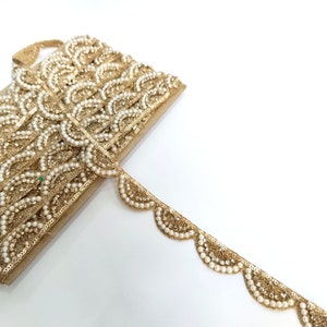 Gold Pearl Zircon Sequin Scallop Trim: Embroidered Sari Lace Border