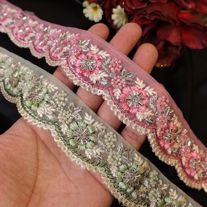 Geblümte Perlen bestickte Spitze: Indische Borte in Pink & Grün, 3 Meter