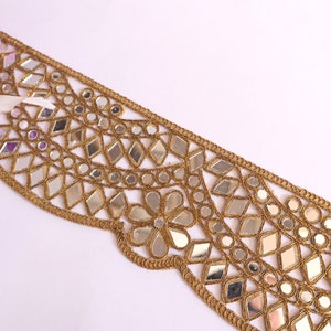 Borde de espejo de diseñador festoneado de oro marrón, borde de sari glamoroso, encaje de Bollywood indio, borde de costura de bricolaje cortado a un tamaño de 8 cm de ancho imagen 2