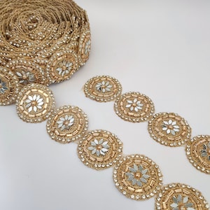 Antique Gold Rhinestone Mirror Zircon Embellishment Round Indian Lace, Sari Lehenga Gown Border, Indian Wedding Dress Lace by Yard
