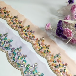 Embroidered Floral Sequin Trim: Purple Orange Scalloped Net Lace, 9 Yards
