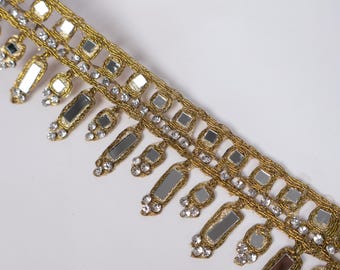 Ribete de encaje con espejo dorado antiguo: calado de circonitas, adorno para vestido de novia (4,5 cm)