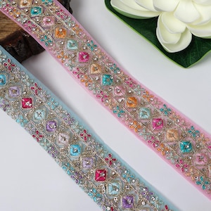 Zircon Embroidered Indian Zari Trim: Pink & Blue Sari Lace (9 Yards)