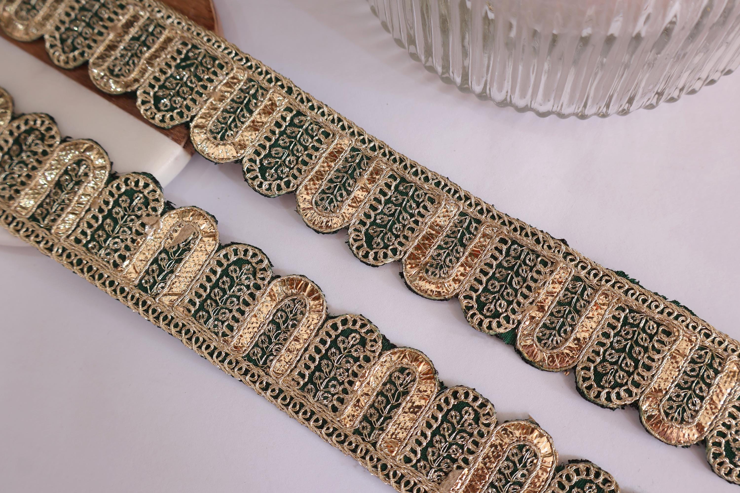 Rama Green Scalloped Lace Trim: Golden Gota Patti Embroidered Sari ...