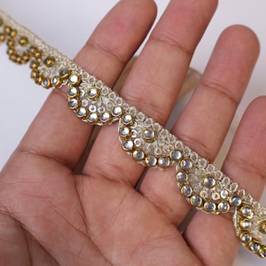 9 Yards Golden Kundan Stonework Trim: Indian Sari Lace