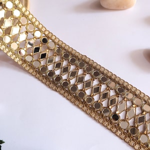 Dark Golden Geometric Mirror Trim, Zari Embellished Border, Wedding Dress Embellishments, Indian Dupatta Lehenga Lace by Yard 6cm Wide