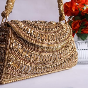 Premium Champagne Gold Bridal Handbag, Handcrafted Purse with Pearl & Crystals, Wedding Clutch Bag for Women, Best Gift Ideas for Her