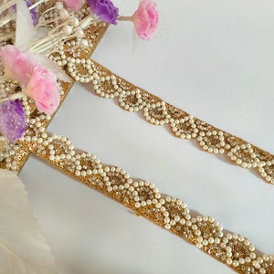 Gold Scalloped Pearl Zircon Trim: Indian Embroidered Border, Wedding Sash Supply (3 Yards)