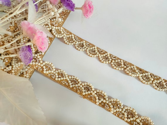 Gold Scalloped Pearl Zircon Trim: Indian Embroidered Border  display picture 1