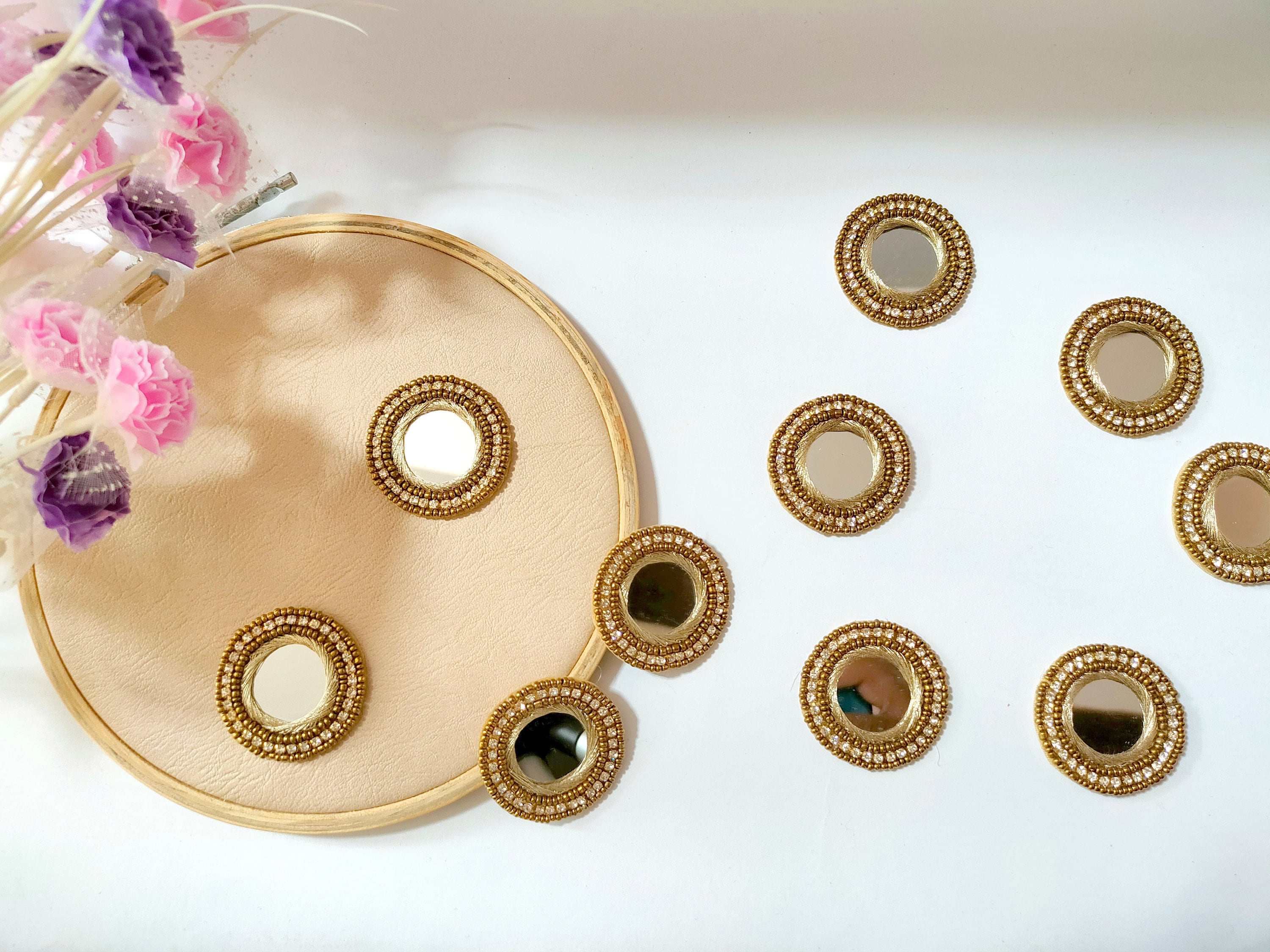 Mirror Beaded Applique Patches: Round Indian Zircon Embellishments - 10 Pc