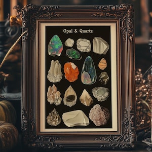 Donkere opaal en kwartskristal grafiek print, donkere Academia edelsteen poster, vintage geologie muurkunst, afdrukbaar alchemie decor, heks esthetiek