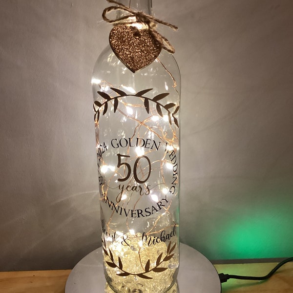 50th Anniversary Light Up Wine Bottle,  Personalised ,25th, 30th, 40th, 50th, 60th with free gift messaging service & Gift bag.