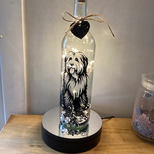 Bearded Collie dog light up bottle, bottle lamp, can be Personalised, Happy birthday, free gift messaging service & gift bag