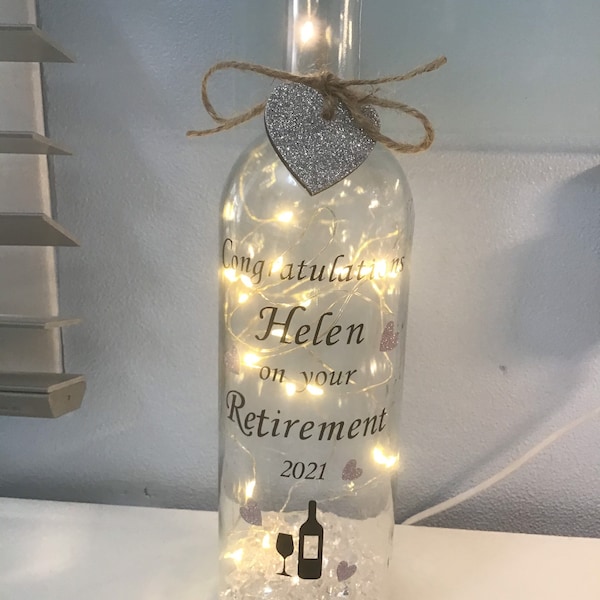 Retirement light up wine bottle.  Can be personalised, Free gift messaging service & gift bag.