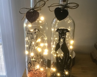 Personalised Greyhound/Whippet dog light up bottle, bottle lamp, choice of two designs with  messaging service & gift bag