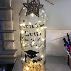 Personalised graduation Light Up Bottle, bottle lamp with gift messaging and gift bag.
