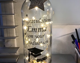 Personalised graduation Light Up Bottle, bottle lamp with gift messaging and gift bag.