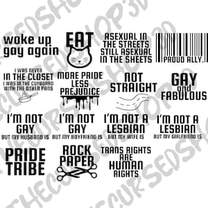 Puede incluir: Una colección de diseños de texto negro sobre un fondo blanco. El texto incluye frases como "Woke up gay again", "More pride less prejudice" y "Trans rights are human rights". La imagen promueve el orgullo LGBTQ+.