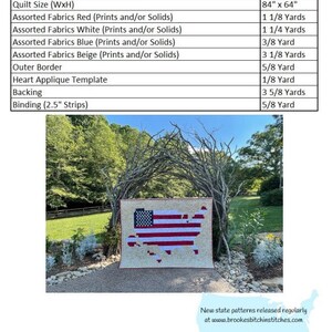 May include: A quilt pattern for a throw blanket featuring a red, white and blue patchwork design of the United States. The pattern is titled "And the Rocket's Red Glare" and is part of the "Home Pattern Series". The quilt pattern includes instructions for the quilt size, fabric requirements, and cutting instructions. The pattern is available for purchase at www.brookesbitchinstitches.com.