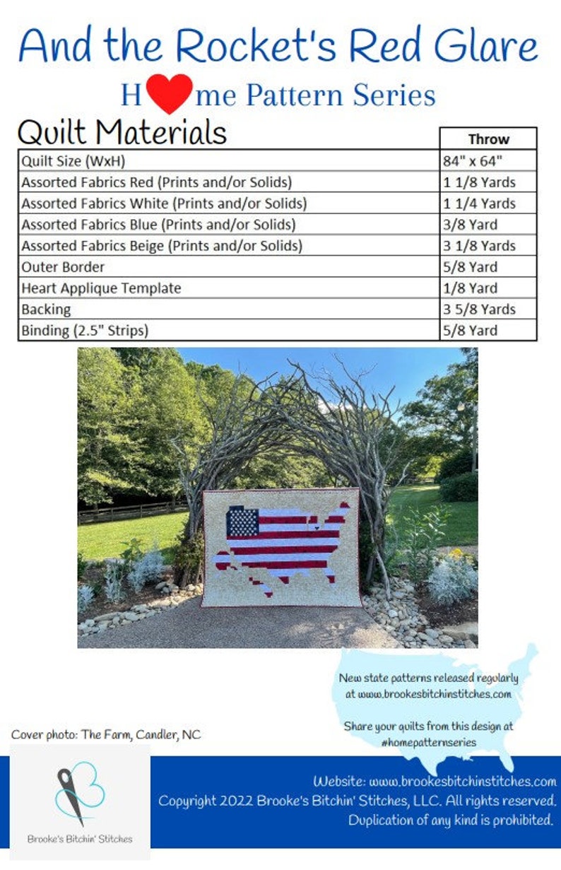 May include: A quilt pattern for a throw blanket featuring a red, white and blue patchwork design of the United States. The pattern is titled "And the Rocket's Red Glare" and is part of the "Home Pattern Series". The quilt pattern includes instructions for the quilt size, fabric requirements, and cutting instructions. The pattern is available for purchase at www.brookesbitchinstitches.com.