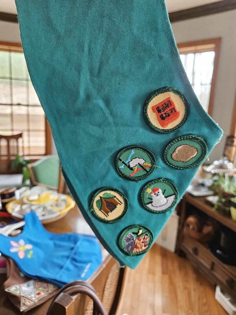 May include: A teal green sash with several embroidered patches. The patches feature images of a building, lightning, a tent, a snowman, a piece of land, and two animals. The sash is made of a textured fabric.
