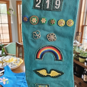 May include: Teal fabric with embroidered patches and pins. Patches include a rainbow, wings, and a space-themed design. Pins feature star designs. The number "219" is embroidered at the top. A blue dress with floral embroidery is visible in the background.