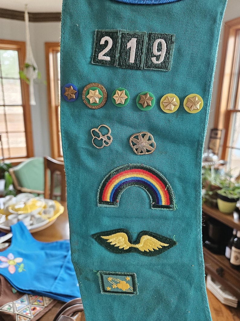 May include: Teal fabric with embroidered patches and pins. Patches include a rainbow, wings, and a space-themed design. Pins feature star designs. The number "219" is embroidered at the top. A blue dress with floral embroidery is visible in the background.