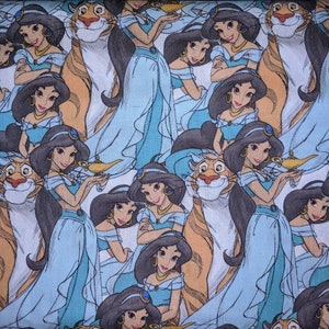 Licensed Disney Aladdin Jasmine and Rajah 100 % Cotton Fabric Cut to Size Perfect for Sewing Projects and Masks.