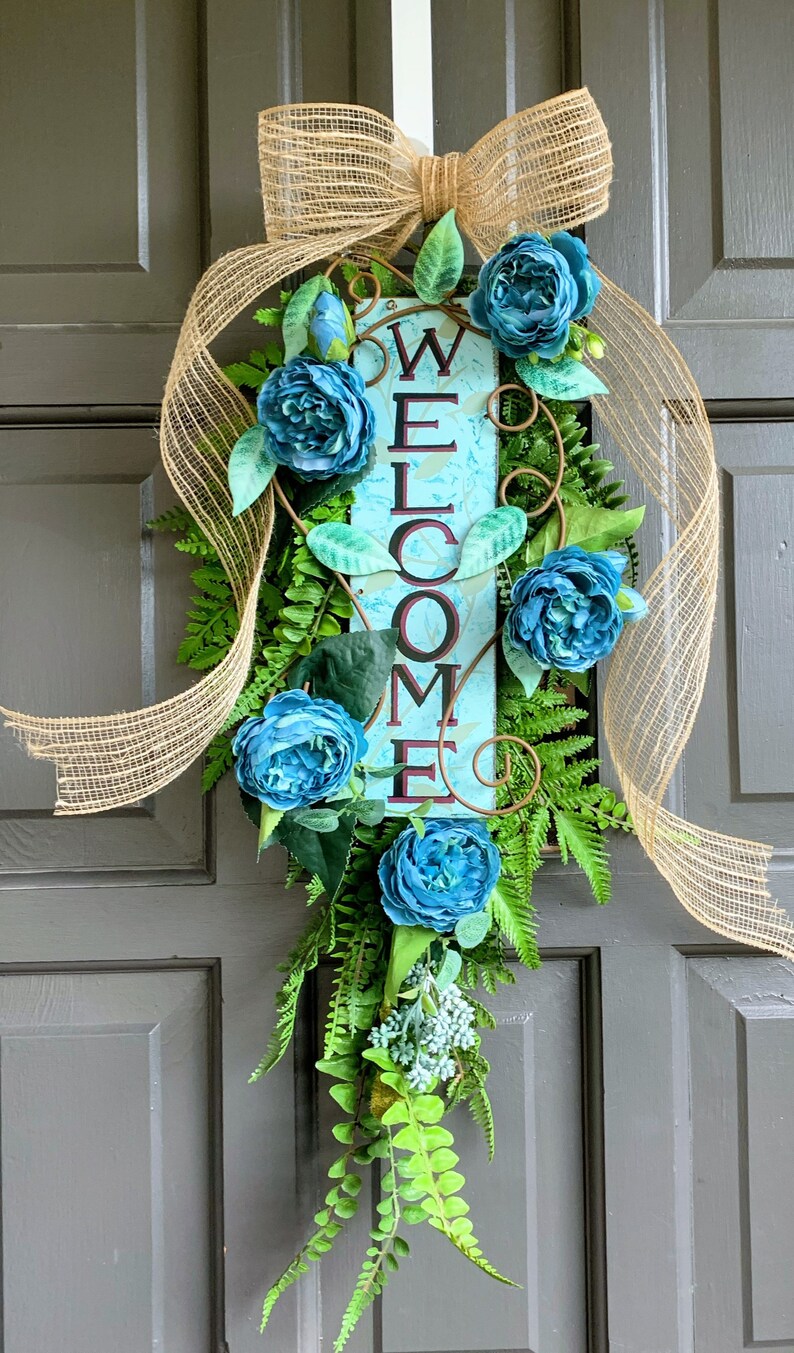 Rustic Teal Floral Swag Wreath Turquoise Teal Peonies Door Etsy