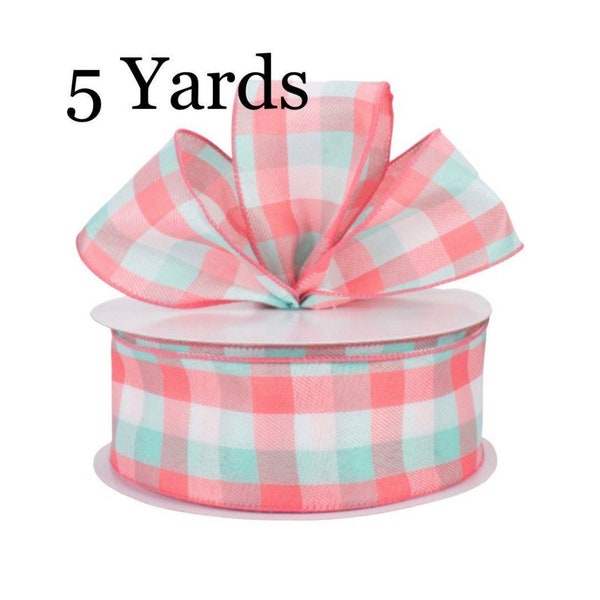 Spring Wired Ribbon 2.5” 5 yards, 2.5” Pink Blue Plaid Ribbon, Farmhouse Ribbon 2 1/2 inch, Coral Aqua Wired Ribbon