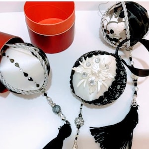 Black Rhinestone Christmas Handmade Ornaments, Small Hostess Secret Santa Christmas Gift, Black White Holiday Tree Decor