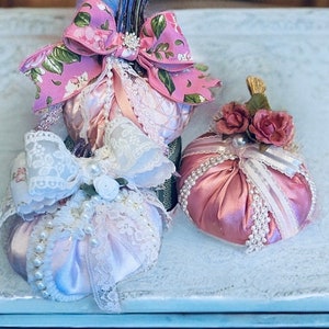 Handmade Shabby Chic Pumpkins, Pink Victorian Pumpkins, Pink Holiday Accents,  Feminine Lacy Fall Decor, Baby Girls Nursery