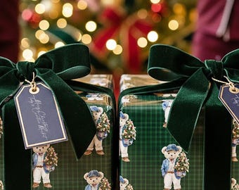 Carta da regalo natalizia, rotolo di carta da regalo natalizia con orsetto, carta da regalo a quadri con orsetto, carta da regalo natalizia di lusso con tartan preppy