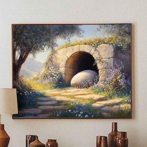 Ha resucitado, la tumba está vacía, arte de Jesucristo, arte cristiano imprimible, arte cristiano de pared, arte de pared con versículos bíblicos, descarga digital